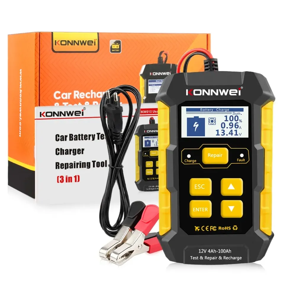 KONNWEI Car Charger 12V KW510 Battery Tester 5A Gel Battery Charger Power  Bank Pulse AGM Wet Dry Lead Acid Auto Repair Tools