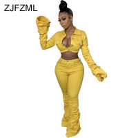 Plus Size Casual Two Piece Set Tracksuit Women Turn Down Collar Long Sleeve Crop Coat And High Waist Bodycon Pant Club Outfits