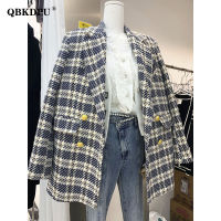 เกาหลีแฟชั่นลายสก๊อต T Blazers ผู้หญิงฤดูใบไม้ร่วง Vintage Double Breasted ผ้าฝ้ายเสื้อสูท Elegant Lady Chic Coat 2023 New