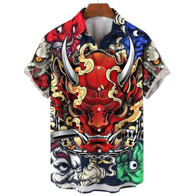 2023เสื้อหน้ากากซามูไรผีญี่ปุ่นสำหรับผู้ชายเสื้อผ้าผู้ชายพิมพ์ลาย3d หลวมโอเวอร์ไซส์เสื้อลำลองเสื้อเสื้อฮาวาย