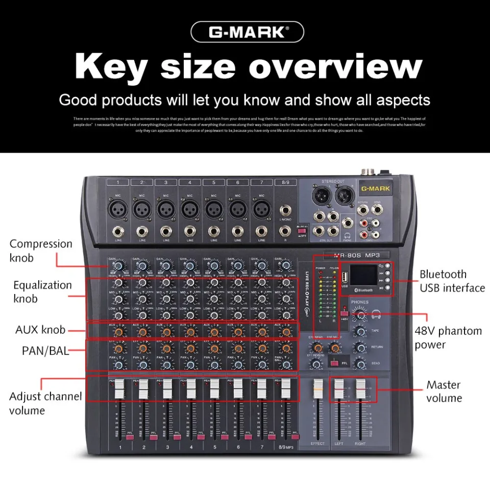 Bluetooth Mixer G-MARK MR80S USB Mixing Console 8 Channel 48V