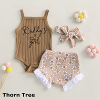 Thorn Tree ชุดเสื้อผ้าเด็กผู้หญิง 3 ชิ้นชุดรอมเปอร์แขนกุดพิมพ์ลายดอกไม้กางเกงขาสั้นคาดศีรษะชุด