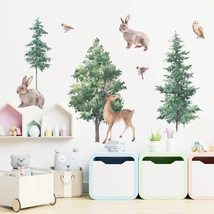 24-home-accessories-การ์ตูนป่ากวางกระต่ายนกสติ๊กเกอร์ติดผนังห้องเด็กห้องนอนตกแต่งผนังตกแต่งบ้านไวนิลนอร์ดิกสัตว์ต้นไม้-d-ecals