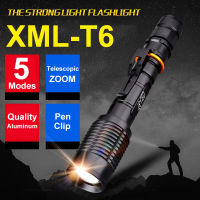 T6 Brightest LM LED Flashlight with pen clip Rechargeable Flashlight 18650 Torch zoomable 5 modes led torch light lantern