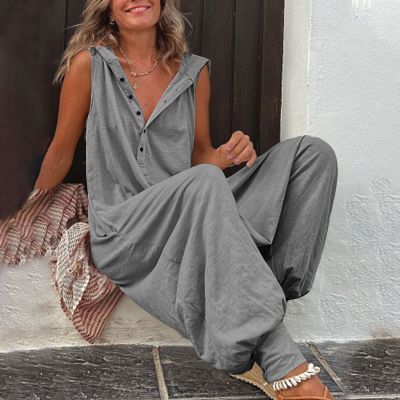 ชายหาดกางเกงขายาว Playsuit แฟชั่นหลวมแขนกุด Hooded Romper Streetwear Vintage Button Jumpsuit Summer Women Causal░