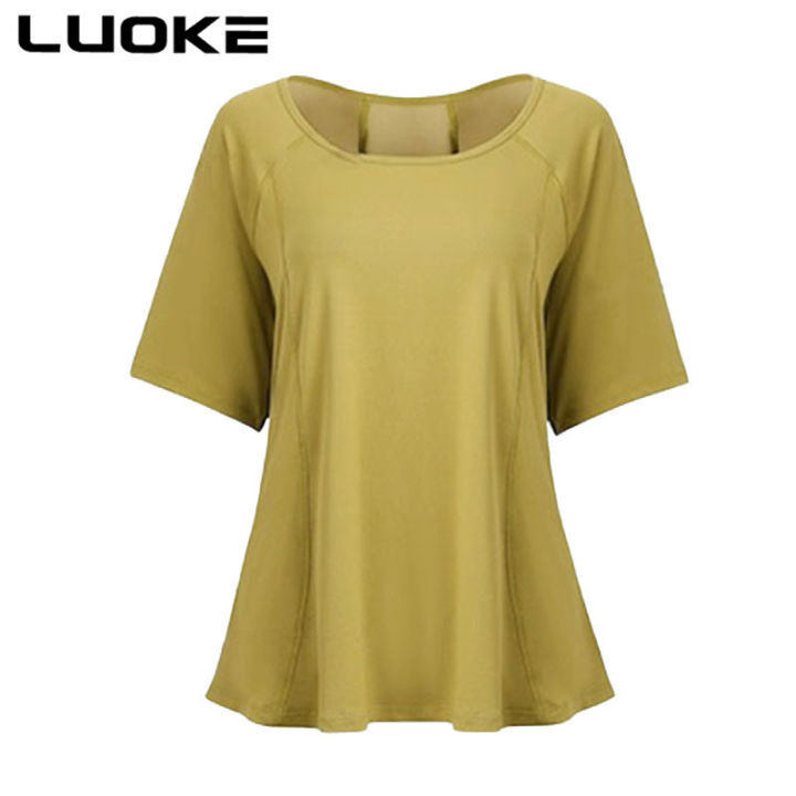 luoke-โยคะผู้หญิงผ้าพันคอแห้งเร็วระบายอากาศดีเสื้อยืดสองส่วนเสื้อวิ่งเสื้อแขนสั้นออกกำลังกายโยคะ