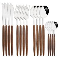 Drmfiy Dark Brown 16/24Pcs Dinnerware Set Imitation Wooden Handle Cutlery Western Knife Fork Spoon Storage Rack Tableware Set