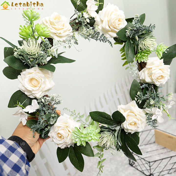 letabitha-พวงมาลาประดับบ้านจำลองพวงมาลัยดอกไม้กุหลาบประดิษฐ์ทำด้วยมือขนาด16นิ้วสำหรับประตูหน้า