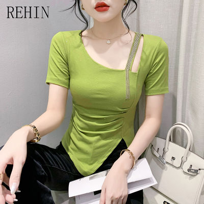 REHIN เสื้อผู้หญิงแฟชั่นสไตล์เกาหลีแบบใหม่ประดับด้วยเม็ดเพชรเสื้อผ่าข้างเข้ารูปพอดีมีพู่เสื้อยืดแขนสั้น