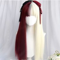 Cosplaysalon 55-70CM Lolita Long Wavy Bangs Black Mixed Red White Half Cute Ombre Party Synthetic Hair Cosplay Wig+Cap Gift ของขวัญ