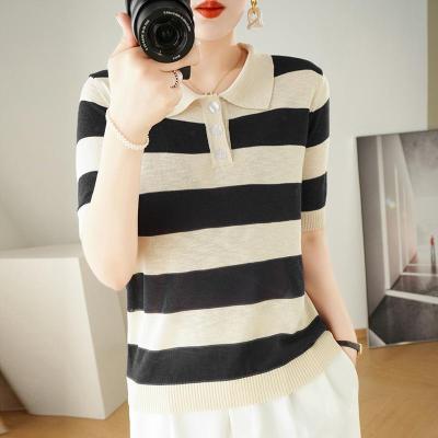 Slub POLO collar contrast striped short-sleeved T-shirt womens 23 summer Korean style loose design feeling lapel half-sleeved women 2023