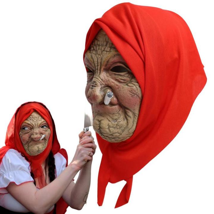 latex-head-cover-halloween-costume-old-women-face-cover-with-red-turban-breathable-cosplay-props-for-adults-kids-children-birthday-festival-parties-intensely