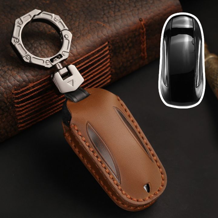 Leather Car Key Case Cover For Tesla Model 3 Model X Model S Model Y Bag Protector Fob Band Shell Holder Keychain Accessories