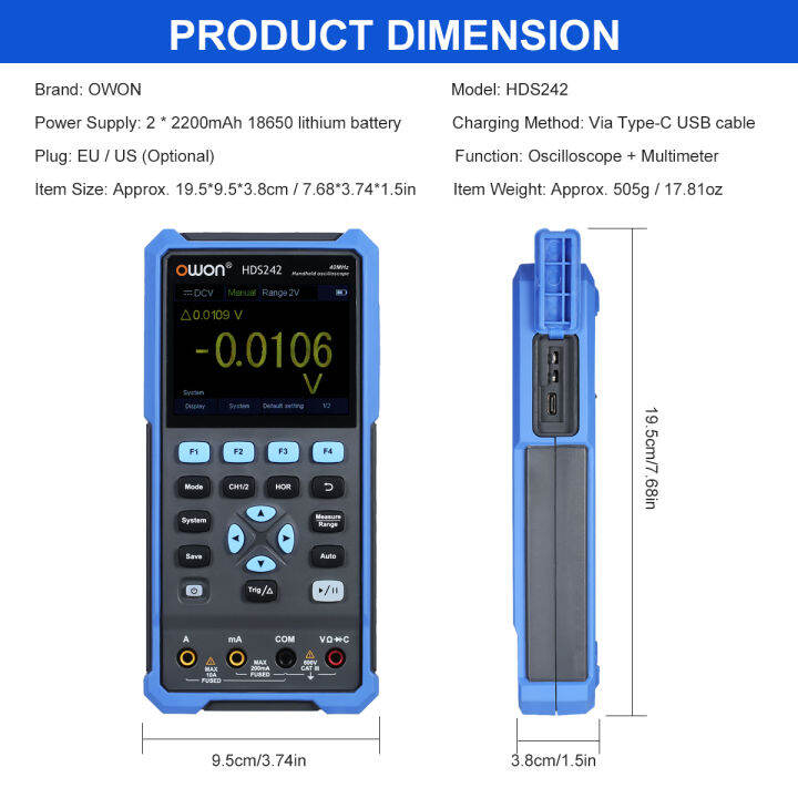 owon-ออสซิลโลสโคปแบบมือถือมัลติมิเตอร์2ch-40mhz-แบนด์วิชท์20000นับ2-in-1ดิจิตอลสโคปมิเตอร์พร้อมจอสี-lcd-3-5-i-nch-สำหรับบำรุงรักษารถยนต์ปลั๊ก-eu