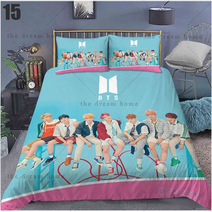 ชุดเครื่องนอน-ผ้าปูที่นอน-ปลอกหมอน-ผ้าห่ม-ลายการ์ตูน-bts-3in1-ซักทําความสะอาดได้-สําหรับบ้าน-ห้องนอน