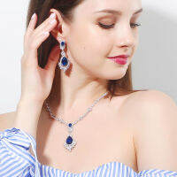 BeaQueen Gorgeous Teardrop ชุดเครื่องประดับชุด Royal Blue Marquise Cubic Zircon คริสตัลยาว Drop ต่างหูสร้อยคอ JS364