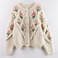 H.SA 2021 New Women Winter Handmade Sweater And Cardigans Floral Embroidery Hollow Out Chic Knit Jacket Pearl Beading Cardigans