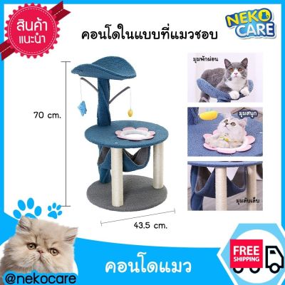 Neko Care คอนโดแมว ที่นอนแมว มีเปลนอน เสาลับเล็บได้ เล่นได้หลายตัว ดีไซน์ มินิมอล คอนโดแมวราคาถูก อุปกรณ์เลี้ยงแมว ขนาด70x43.5Cm. สีน้ำเงิน