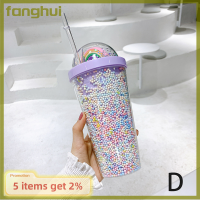 Fanghui ขวดพร้อมหลอดน้ำพลาสติกสีรุ้ง2ชั้นขนาด550มล. แบบสร้างสรรค์