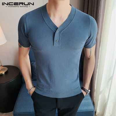 INCERUN เสื้อยืดลำลองคอวีผู้ชาย,เสื้อเข้ารูปเสื้อเฮนลี่ย์สีพื้นเสื้อเสื้อยืดลำลอง (สไตล์เกาหลี)
