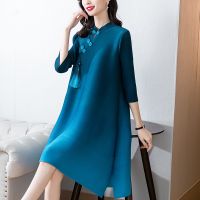 ♛▼ High-end Miyak Pleated Loose Dress Autumn Spring Chinese Style Evening Party Mid-length Dress Women Stretch Gradient Dresses