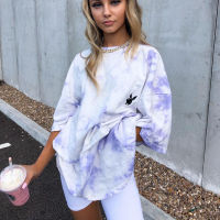 Streetwear Chic Rabbit Head Purple Tie Dye Oversized T Shirts Woman Tshirts O-neck 2021Summer Plus Size Tops Korean Fashion Tees