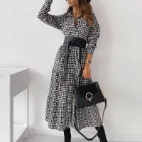 Women Vintage Plaid Print Long Sleeve Ruffle Dress Elegant Turn-Down Collar Sashes Party Dress Autumn Casual Female Button Dress