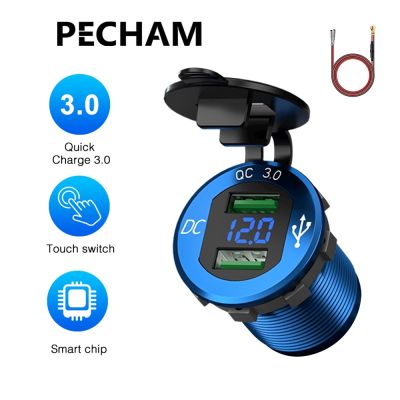 PECHAM Qc 3.0 dual USB ที่ชาร์จในรถยนต์ สําหรับรถยนต์และรถจักรยานยนต์ ซ็อกเก็ตอลูมิเนียม พร้อมจอแสดงผลแรงดันไฟฟ้าดิจิทัล 12V / 24V