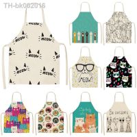 ✠❅ Lovely Cartoon Cats Kitchen Aprons for Women Cotton Linen Bibs Household Cleaning Pinafore Home Cooking Apron 55x68cm