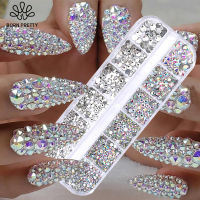 1กล่องผสมการออกแบบแก้ว Rhinestone ด้านล่างแบน Rhinestone Glitter แก้วเล็บคริสตัล3D ตกแต่งเล็บ