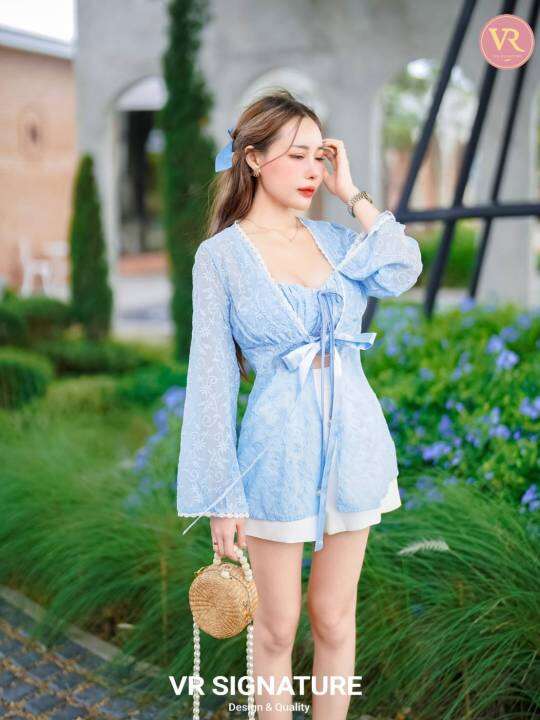set-3-ชิ้น-เสื้อคลุมตัวยาว-ผูกโบว์ด้านหน้า-มาพร้อมบราสายเดี่ยวตัวสั้นช่วงอกมีฟองน้ำจัดทรงให้ค่ะ-แต่งผูกโบว์ช่วงอก-เนื้อผ