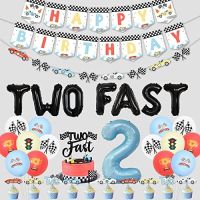 JOYMEMO Vintage Two Fast Birthday Decorations, Retro Race Car Birthday Decorations For Boys - Pastel Colors แบนเนอร์สุขสันต์วันเกิด,เค้กท็อปเปอร์,ลูกโป่ง,Let S Go Racing 2nd Birthday Party Supplies