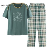 Summer Two Piece Sets for women Short Sleeved Plaid PJ Knitted Cotton Sleepwear Elegant Womens Pajamas Lounge Home Pijama Mujer