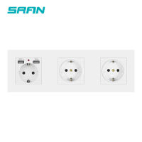 SRAN Wall 3 กรอบปลั๊กไฟ eu ปลั๊กไฟฟ้าที่มีสายดิน, ซ็อกเก็ตพร้อมแผง usb PC 258 มม. * 86 มม. ขาว/ดำ/ทอง-Xiaan Store