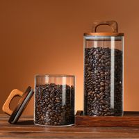 Glass Food Storage Jars With Wooden Lid Coffee Beans Candy Tea Grains Canister Home Snacks Kitchen Food Storage Containers