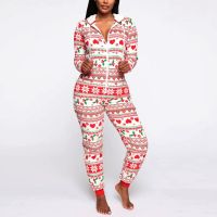 Womens Fashion Christmas Print Hooded Casual Homewear Jumpsuit