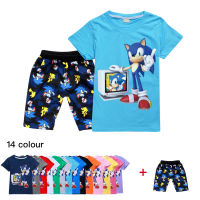 Sonic The Hedgehog เสื้อยืดกางเกงขาสั้นชุดสำหรับเด็กชายหญิงแขนสั้นฤดูร้อนการ์ตูนอะนิเมะผ้าฝ้าย TShirt ใหม่สั้นกางเกงเด็กน่ารัก719