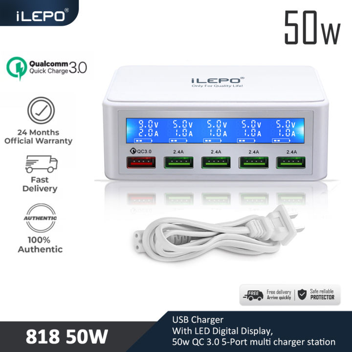 ilepo-multi-usb-port-hub-charger-with-led-digital-display-50w-qc-3-0-5-port-multi-charger-station-for-iphone-ipad-smart-phone-and-other-devices