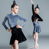 Latin Dance Dress Girls Autumn Winter Velvet Long Sleeve Professional Examination Regulations Dancing Dress 2pcs Set