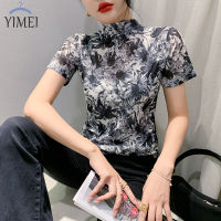 YIMEI เสื้อยืดผู้หญิงสวยๆ2023ใหม่ฤดูร้อนหรูหราพิมพ์ลายด้านล่างกวางโจวเสื้อเสื้อตาข่ายแขนสั้น