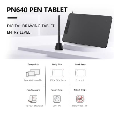 【YF】 PNBOO PN640 Graphics Drawing Tablet 6x4 inch Active Area 8192 Levels Pressure Tilt Function Board w/ Battery-free Stylus