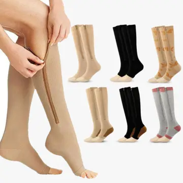 ZIP SOX - ZIP UP COMPRESSION SOCKS LEG SUPPORT~ Size S/M ~ BEIGE~ OPEN  TOES~NEW