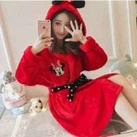 Nightgown women winter long-sleeved thick flannel cute cartoon Mickey red coral fleece warm pajamas ladies nightgown