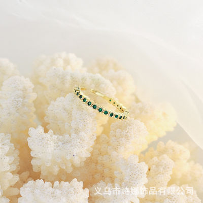 （HOT) แหวนประจำวันที่เรียบง่ายของคุณยายเกาหลีสีเขียวเพทายแหวนแหวนปรับได้ ins แบบจับคู่