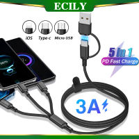 ECILY 5 In 1 3A Type C สายชาร์จเพื่อไมโคร USB/Type-C/ มือถือ IOS ที่ชาร์จแบตเตอรี่โทรศัพท์สำหรับ I-Phone Samsung Xiaomi Huawei 1.2เมตร