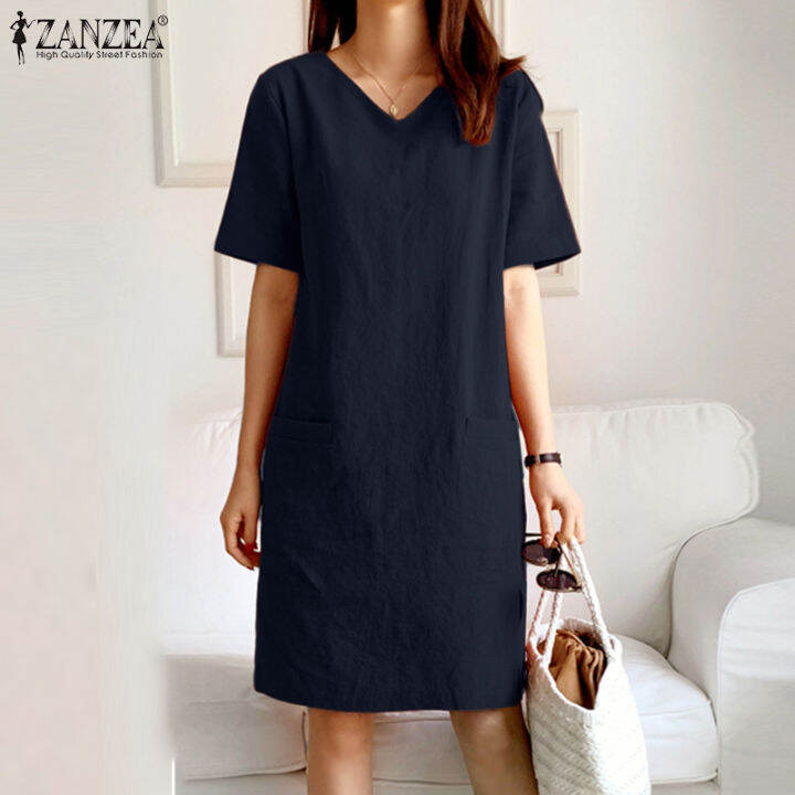 Zanzea Korean Style Womens Short Sleeve V Neck Shift Dress Cotton Slit Hem Pockets Dresses 10 9874