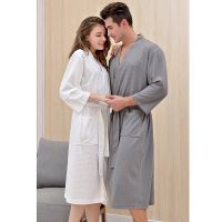 [Xiaoli clothing] วาฟเฟิลคู่เสื้อคลุมอาบน้ำฤดูใบไม้ผลิผู้หญิง Dressing Gown สามไตรมาสผ้าฝ้าย Kimono Solid Robe กับกระเป๋าเข่าความยาว Robes