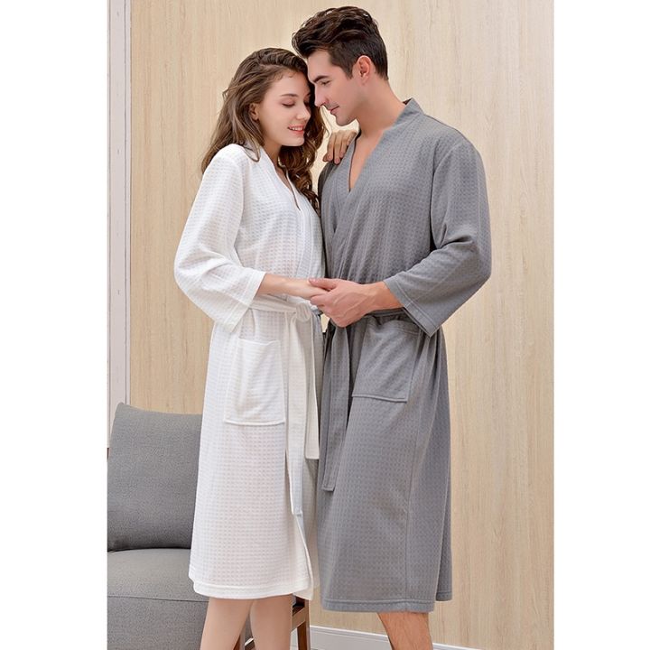 xiaoli-clothing-วาฟเฟิลคู่เสื้อคลุมอาบน้ำฤดูใบไม้ผลิผู้หญิง-dressing-gown-สามไตรมาสผ้าฝ้าย-kimono-solid-robe-กับกระเป๋าเข่าความยาว-robes