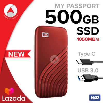 WD My Passport SSD 500 GB ฮาร์ดดิสก์พกพา Type-C, USB 3.0 (WDBAGF5000ARD-WESN) Red&nbsp;สีแดง New 2020 ความเร็วในการอ่านสูงสุดถึง 1,050 MB/s2 ประกัน Synnex 5 ปี ฮาร์ดดิสก์ Solid State Drives สาย USB Type-C ต่อกับ Type-C (รองรับ USB 3.2 Gen 2)