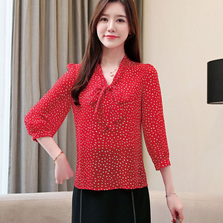 xiang-nian-niเสื้อชีฟองสำหรับผู้หญิงใหม่ผูกโบว์กับสามแขนpolka-dotเสื้อ